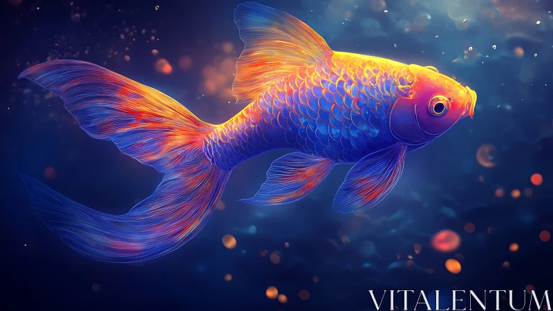 Digital koi fish with neon fins in dark aquatic space.