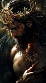 Bearded man with ornate golden crown and chest wound.