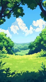 Sunny green meadow framed by trees under summer sky.