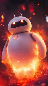 Floating white robot ignites with cinematic ring of fire glow