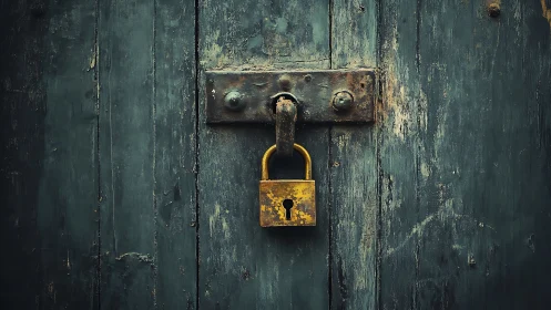 Weathered wooden door with old brass padlock in center.