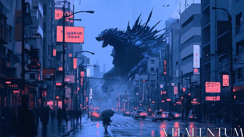 Giant reptilian creature in rainy neon urban street scene.