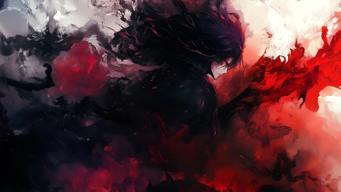 Dark-haired figure emerges amid chaotic red and black energy