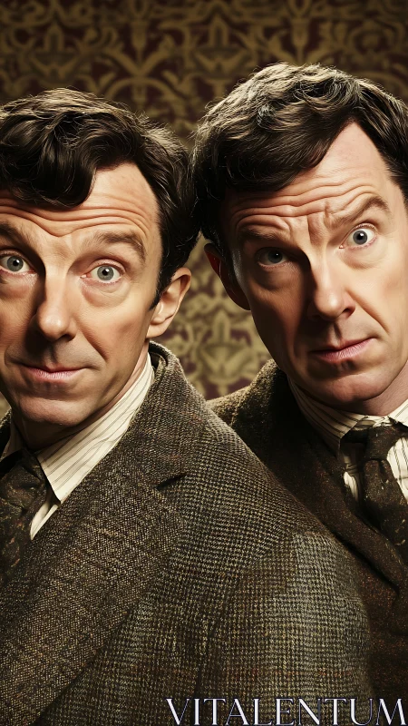 Twin men share quirky expressions in vintage tweed suits.