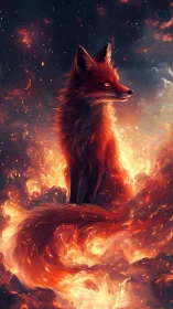 Fiery spirit fox emerges from swirling cosmic embers