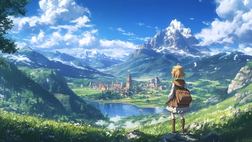 Backpacked traveler surveying alpine valley settlement panorama.