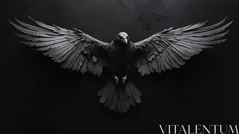 Monochrome raven spreads sculpted wings against matte black field