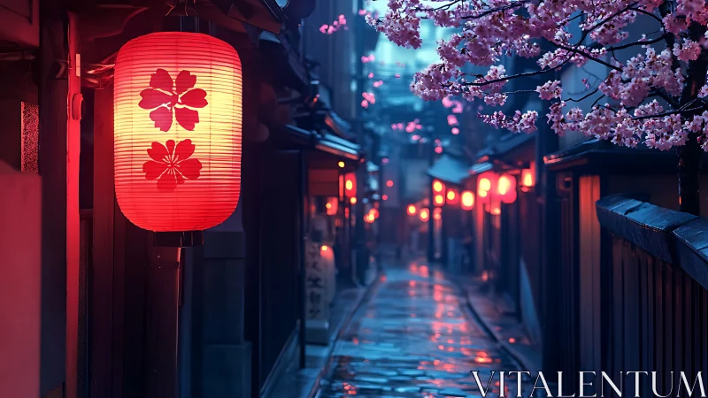 Red lanterns glow along rainy cherry blossom alleyway