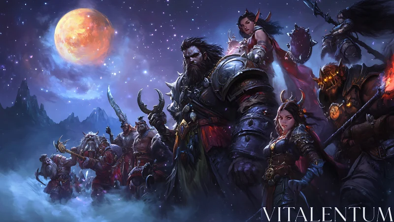 Armored fantasy cohort under large moonlit night sky.