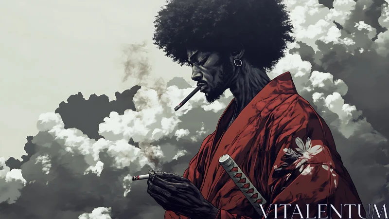 Afro samurai in red kimono beneath storm-swept clouds.