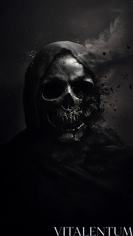 Shrouded skeletal figure dissolving into dark particle mist.