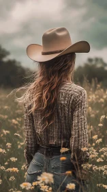 Lone prairie daydreamer in wildflower hush and soft stormlight.
