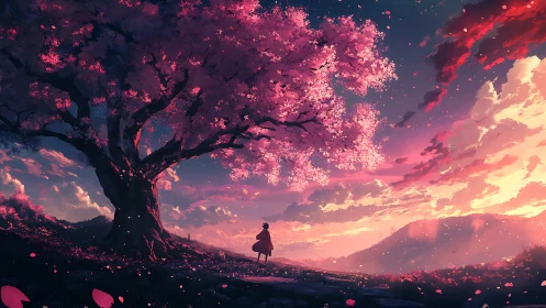 Solitary figure under luminous cherry tree at painterly dusk.