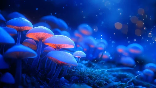 Glowing blue mushrooms in a soft luminous forest scene.
