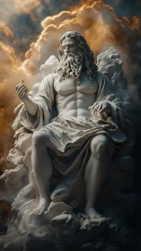Stormlit marble deity rests calmly among glowing clouds