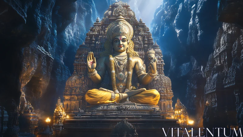 Luminous golden deity enthroned in a cavern of carved temples.