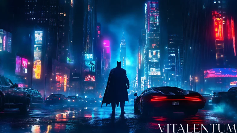 Caped vigilante surveys neon city street beside sports car