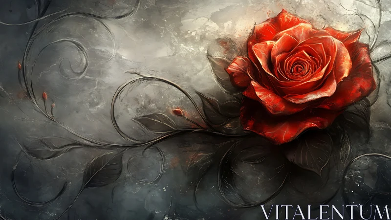 Crimson Rose Blooming Against Ethereal Stone Texture.