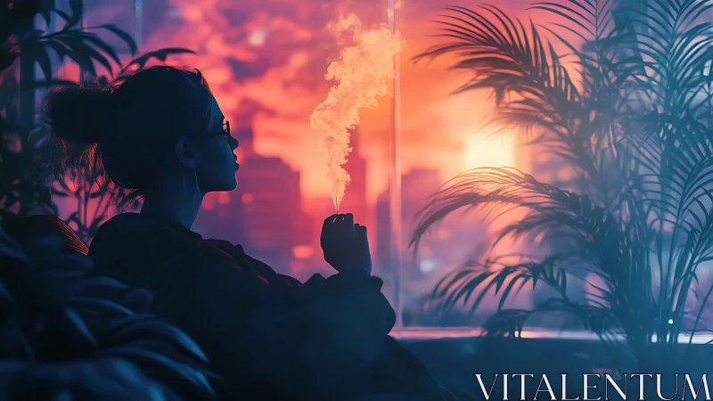 Silhouette dreamer exhaling neon dusk into city haze.