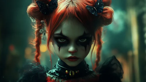Gothic doll portrait with chiaroscuro clown cosmetics study.
