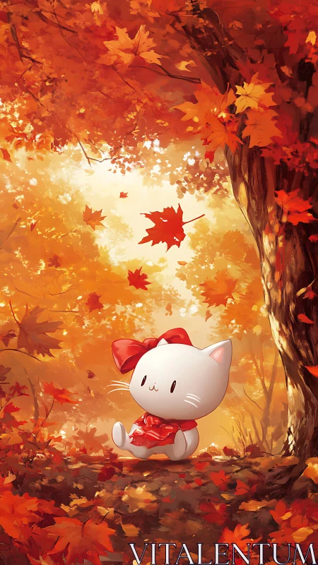 Autumn forest kitten under drifting maple leaves illustration.