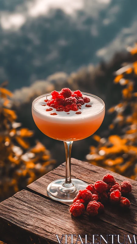 Raspberry Cocktail with Foam Top and Fresh Berries.
