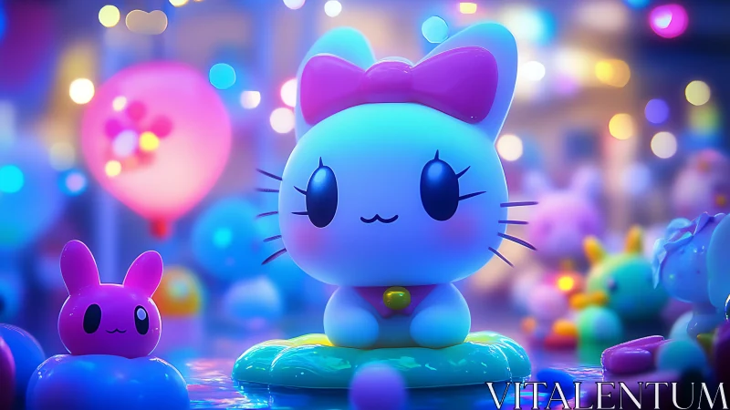 Neon-lit chibi cat figurine in saturated bokeh carnival environment.