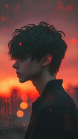 Side-profile portrait of boy in dusk bokeh lightscape