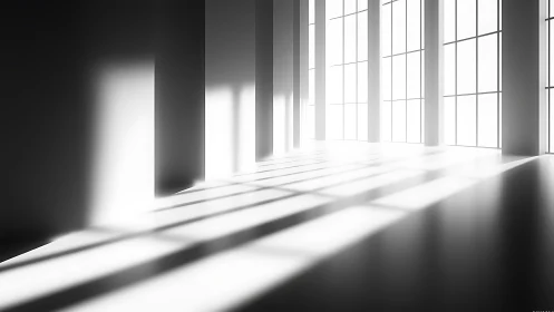 Minimalist gallery interior with strong linear daylight shadows.