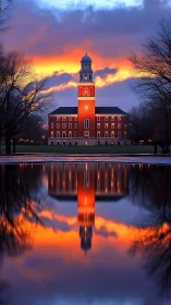 Symmetric brick tower reflected in axial twilight basin.