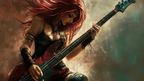 Fiery red haired rock bassist in dynamic digital painting.