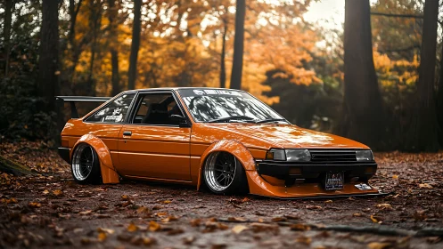 Stanced orange drift car in autumn forest setting.