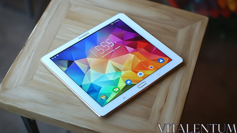 White Samsung Tablet on Wooden Surface with Colorful Geometric Display