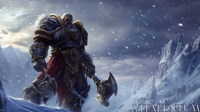 Storm-worn warlord guarding the shivering mountain pass.