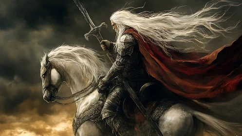White-haired knight rides warhorse through storm clouds.