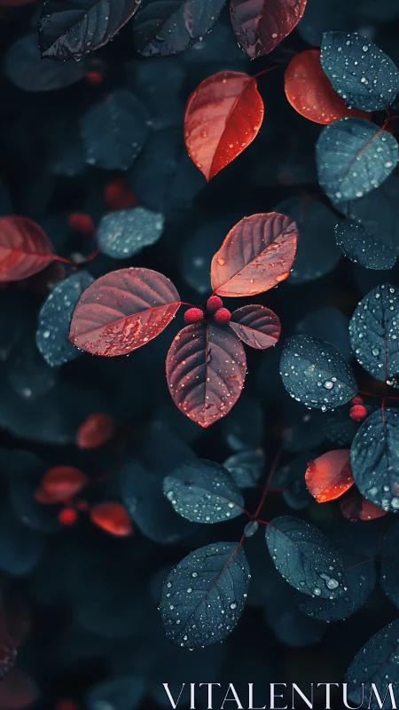 Moody red and teal leaves glisten softly after rainfall.