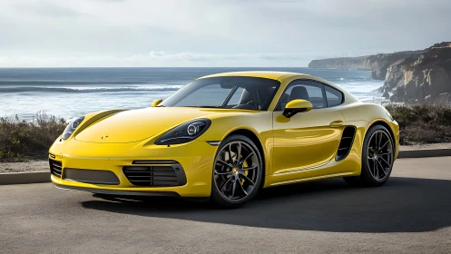 Yellow sports coupe shines on a dramatic oceanfront road.