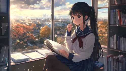 Autumn window scholar girl pausing between daydreams and notes.