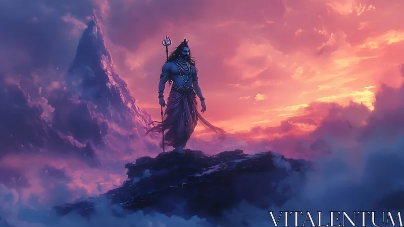 Mythic blue deity on rocky summit under volumetric sunset sky