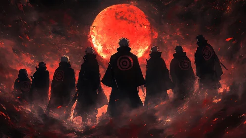 Anime silhouettes under blood moon in infernal atmospheric field.