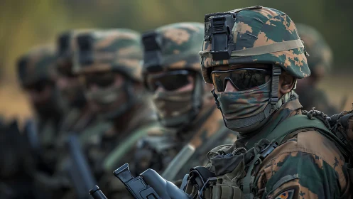 Modern infantry unit in camouflage gear during formation.