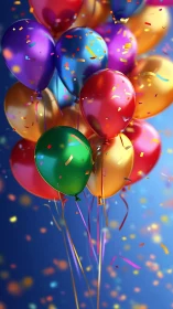 Vibrant 3D Balloons with Confetti Against Gradient Sky.