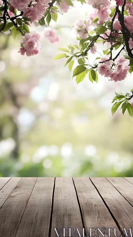 Spring cherry canopy above weathered plank platform.