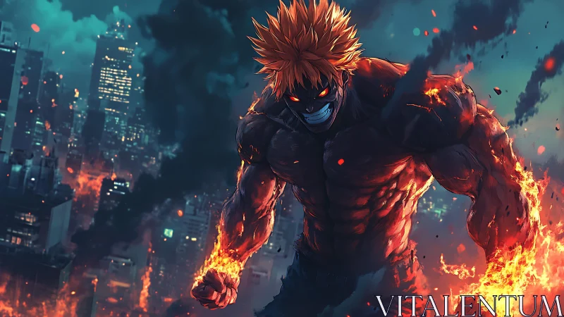 Flaming titan strides through burning cyberpunk cityscape.
