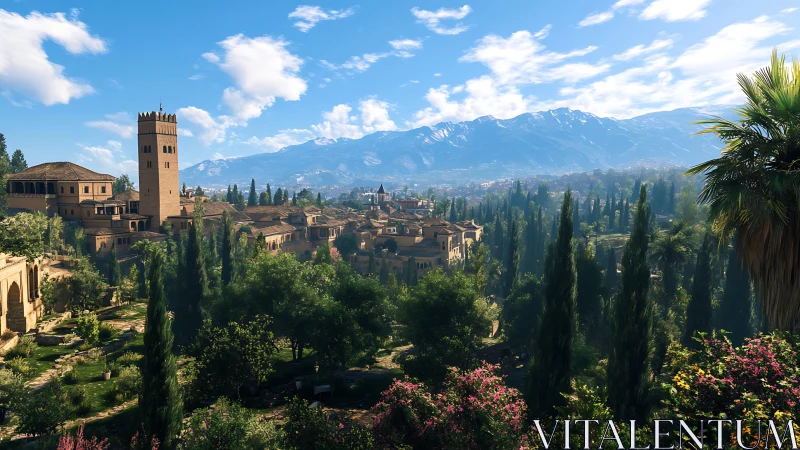 Sunlit hilltop citadel lounges beneath snowbright mountains