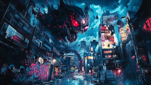 Neon soaked city street faces a colossal glowing eyed monster