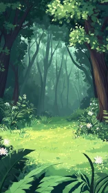 Forest glade illuminated by soft light through dense canopy