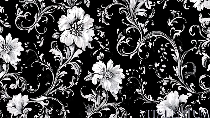 Baroque Floral Damask Pattern with Ornate White Scrollwork on Black Ground.