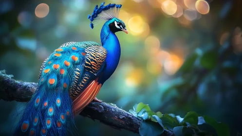 Vibrant peacock perched on forest branch at dusk.
