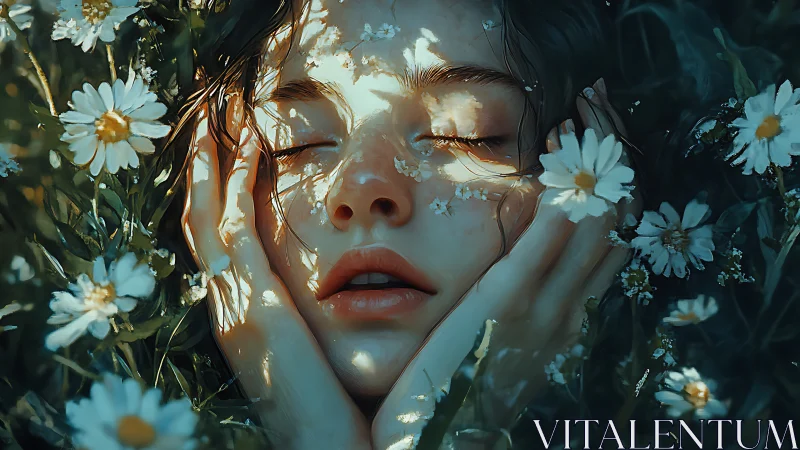 Young woman lies among daisies with closed eyes in soft light